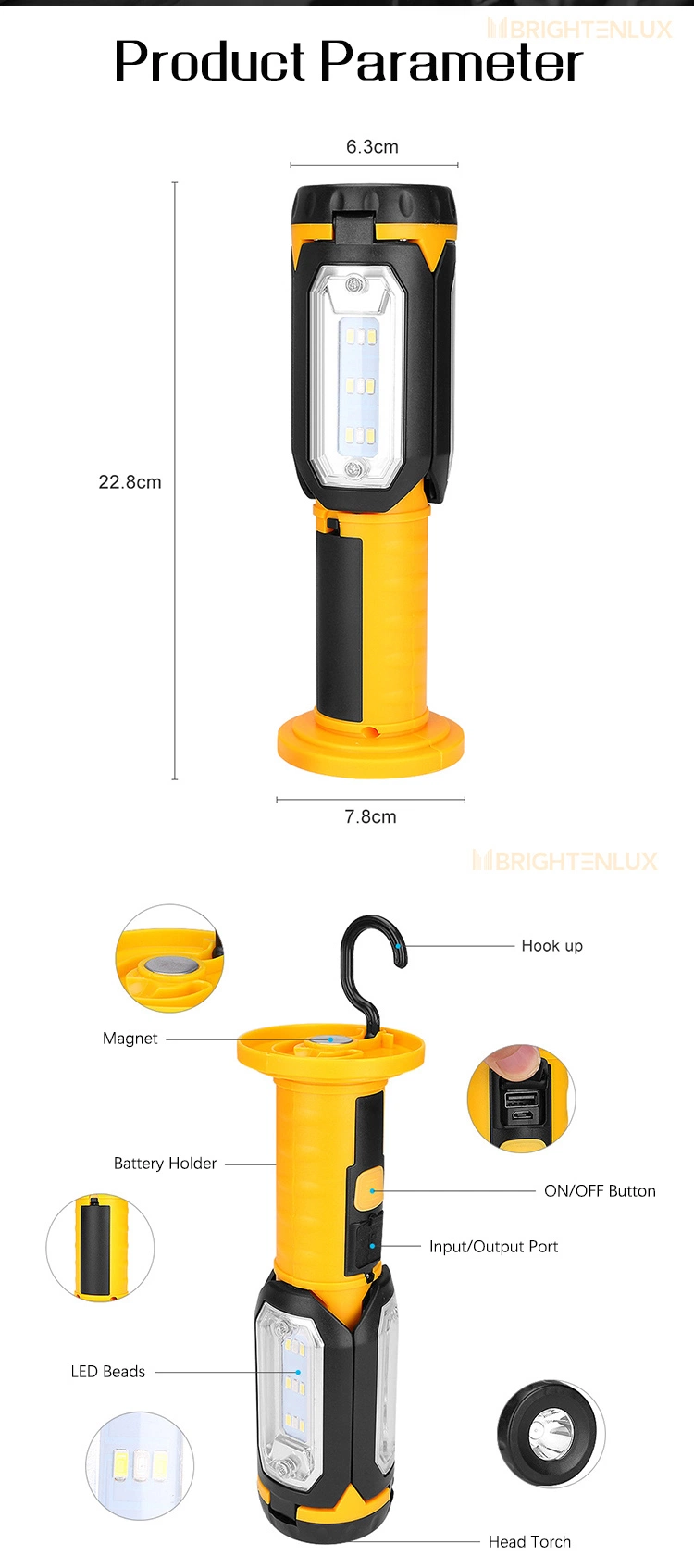 Brightenlux Portable Pocket Magnetic Inspection Waterproof 90 Rotation Flexible Magnet Power Bank High Power COB LED Work Light